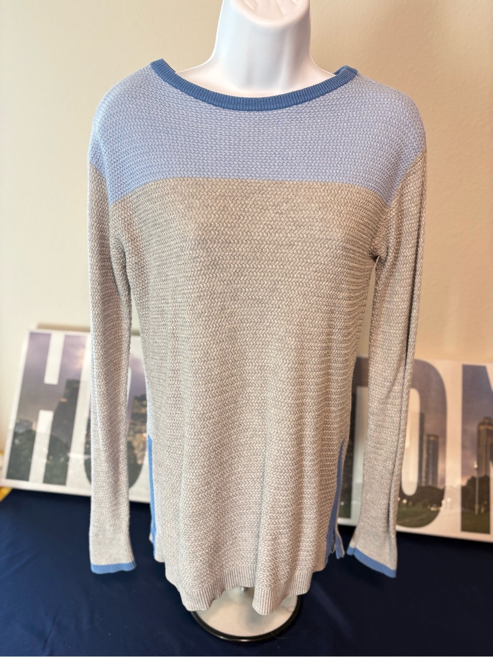 Talbots Cream Sweater with Light Blue Yoke and Trim